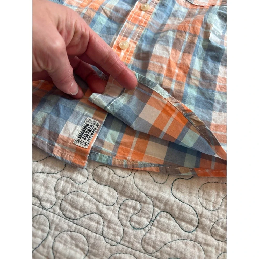 OshKosh Bgosh Boys 5T Plaid Button Down‎ Shirt Orange Blue Short Sleeve